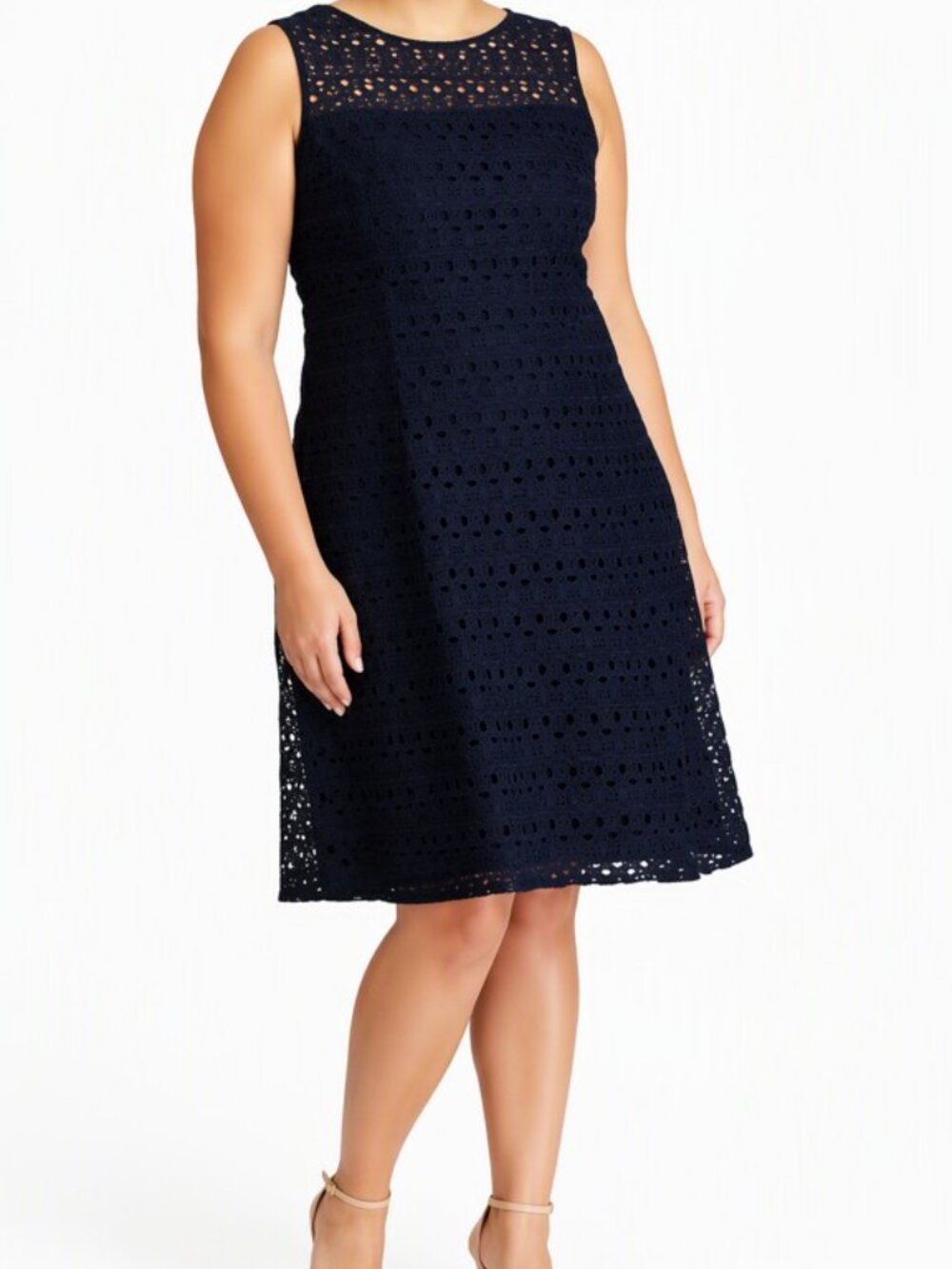 Lauren Ralph Lauren Eyelet Chiffon Fit-and-Flare Cocktail Dress Navy Plus Sz 16W